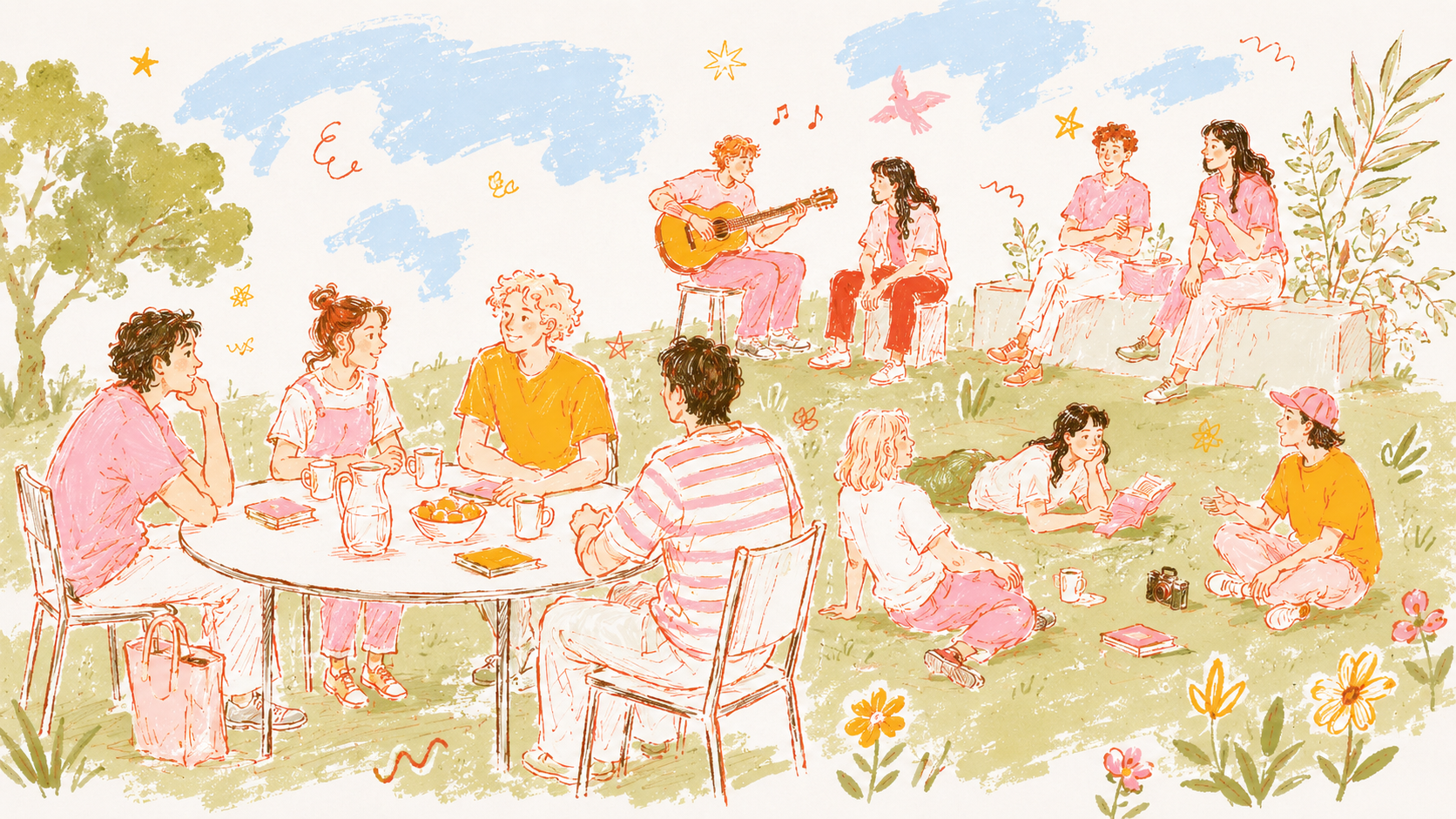 An illustrated scene of a small community gathered outdoors, sharing food, playing guitar, reading, and talking